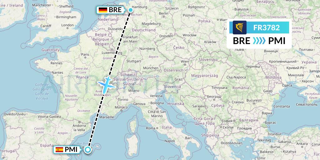 FR3782 Ryanair Flight Map: Bremen to Palma de Mallorca