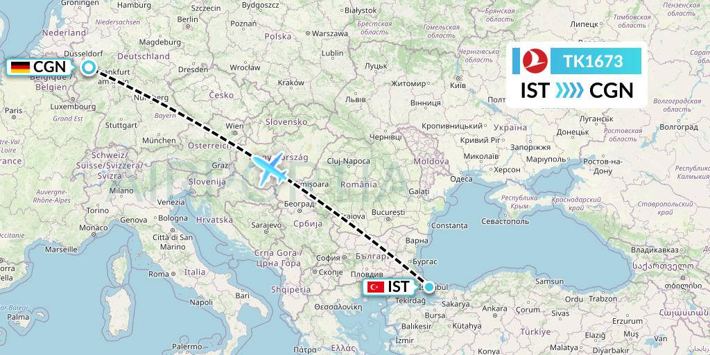 TK1673 Turkish Airlines Flight Map: Istanbul to Cologne