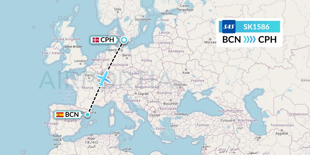 SK1586 SAS Flight Map: Barcelona to Copenhagen