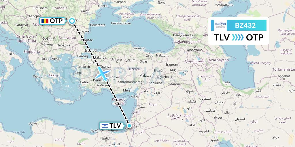BZ432 Bluebird Airways Flight Map: Tel Aviv to Bucharest