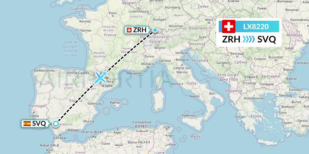LX8220 Swiss Flight Map: Zurich to Seville