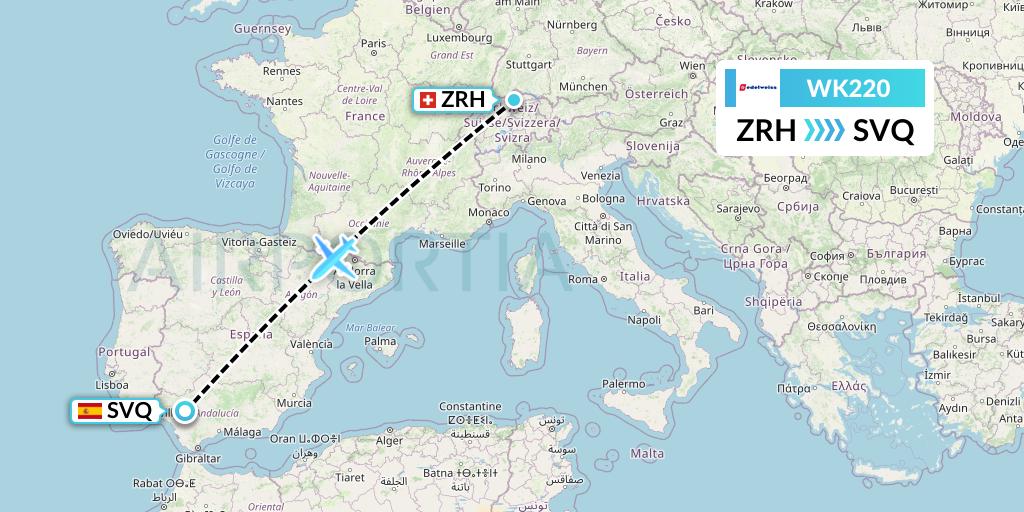 WK220 Edelweiss Air Flight Map: Zurich to Seville