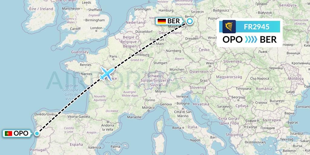 FR2945 Ryanair Flight Map: Porto to Berlin