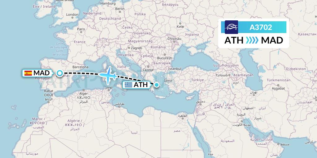 A3702 Aegean Airlines Flight Map: Athens to Madrid