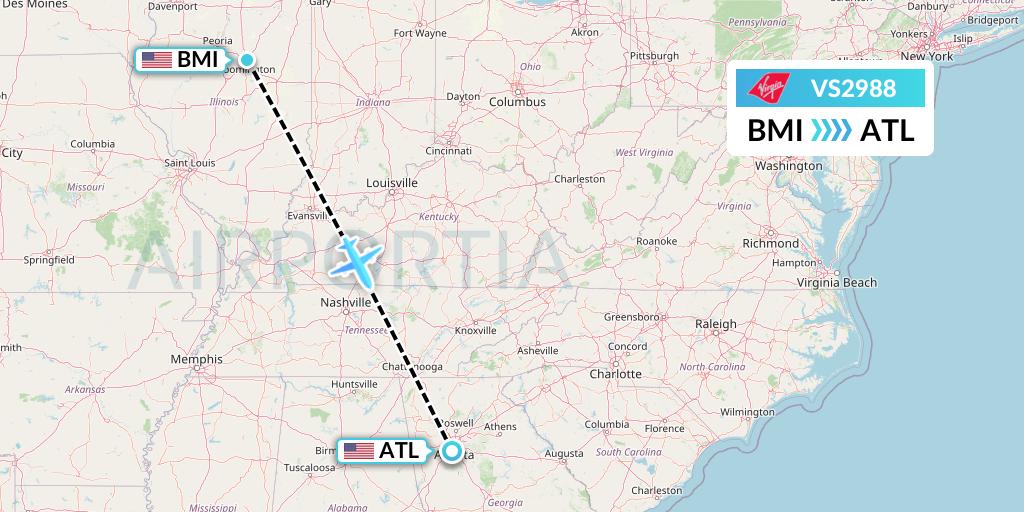 VS2988 Virgin Atlantic Airways Flight Map: Bloomington to Atlanta