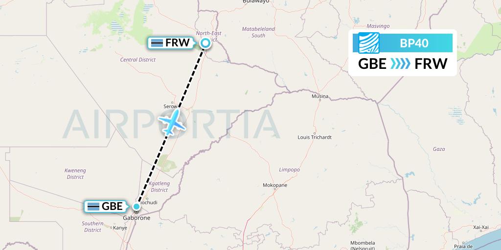 BP40 Air Botswana Flight Map: Gaborone to Francistown