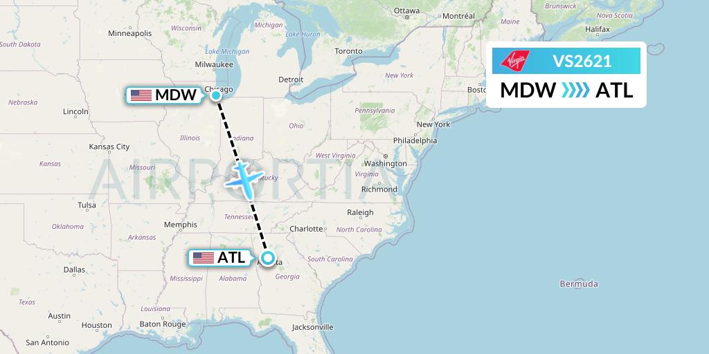 VS2621 Virgin Atlantic Airways Flight Map: Chicago to Atlanta