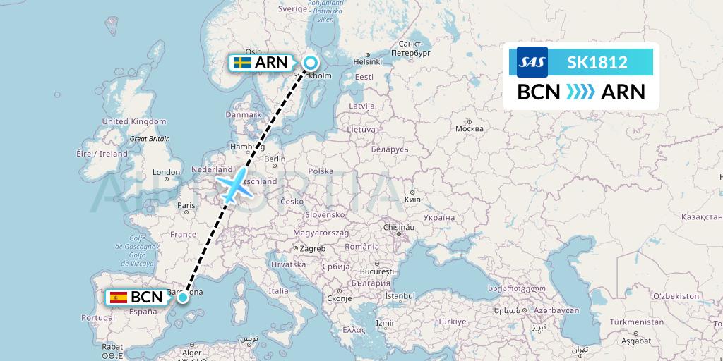 SK1812 SAS Flight Map: Barcelona to Stockholm