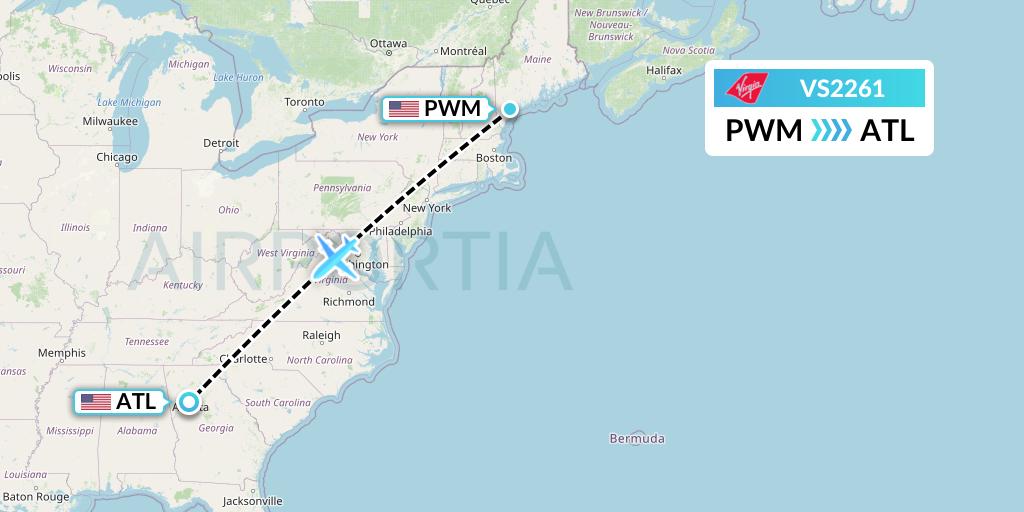 VS2261 Virgin Atlantic Airways Flight Map: Portland to Atlanta