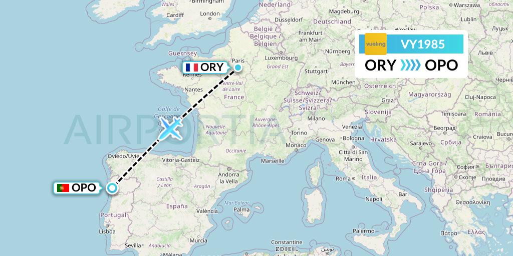 VY1985 Vueling Flight Map: Paris to Porto