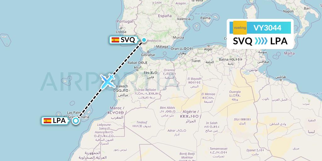 VY3044 Vueling Flight Map: Seville to Las Palmas