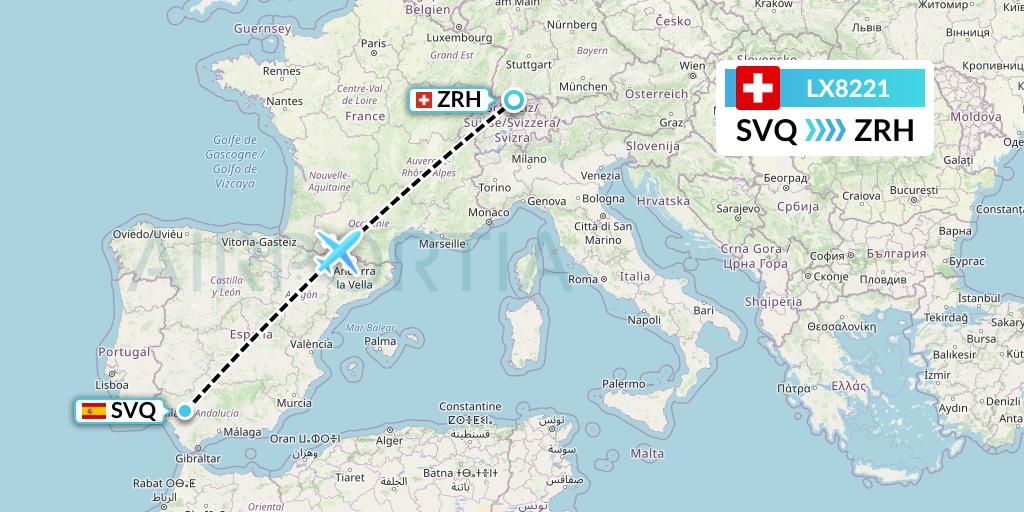 LX8221 Swiss Flight Map: Seville to Zurich