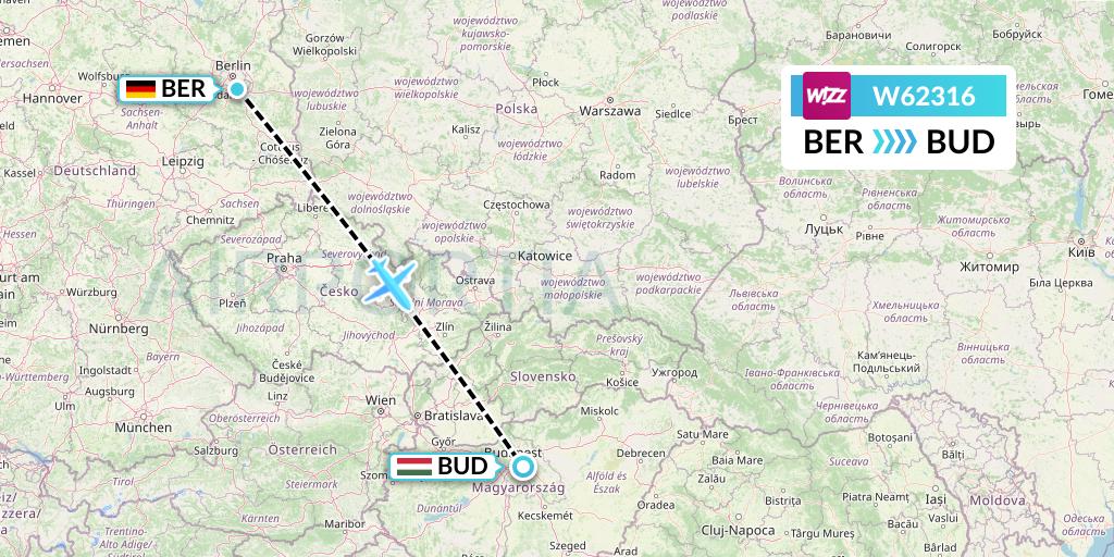 W62316 Wizz Air Flight Map: Berlin to Budapest