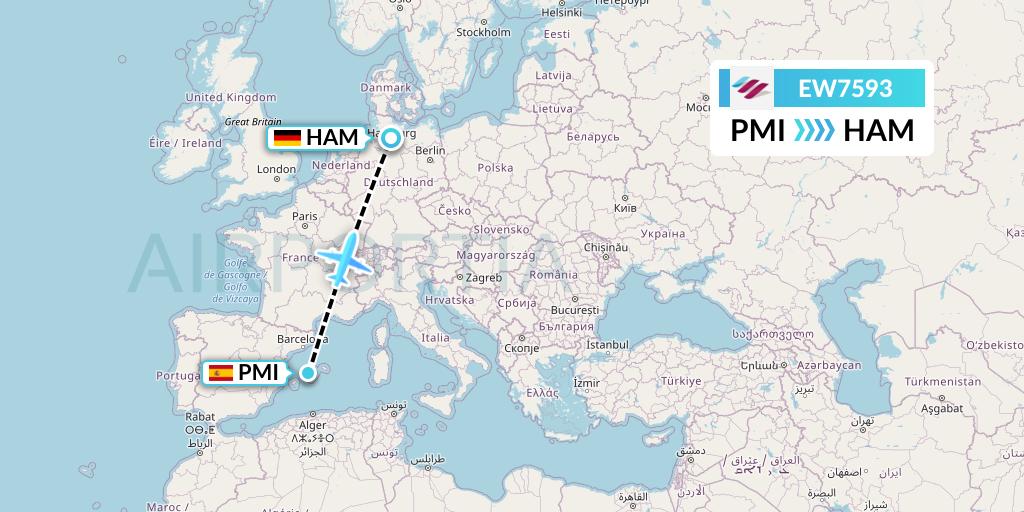 EW7593 Eurowings Flight Map: Palma de Mallorca to Hamburg