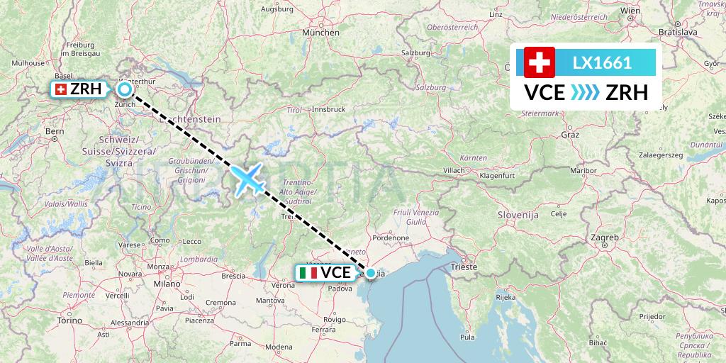 LX1661 Swiss Flight Map: Venice to Zurich