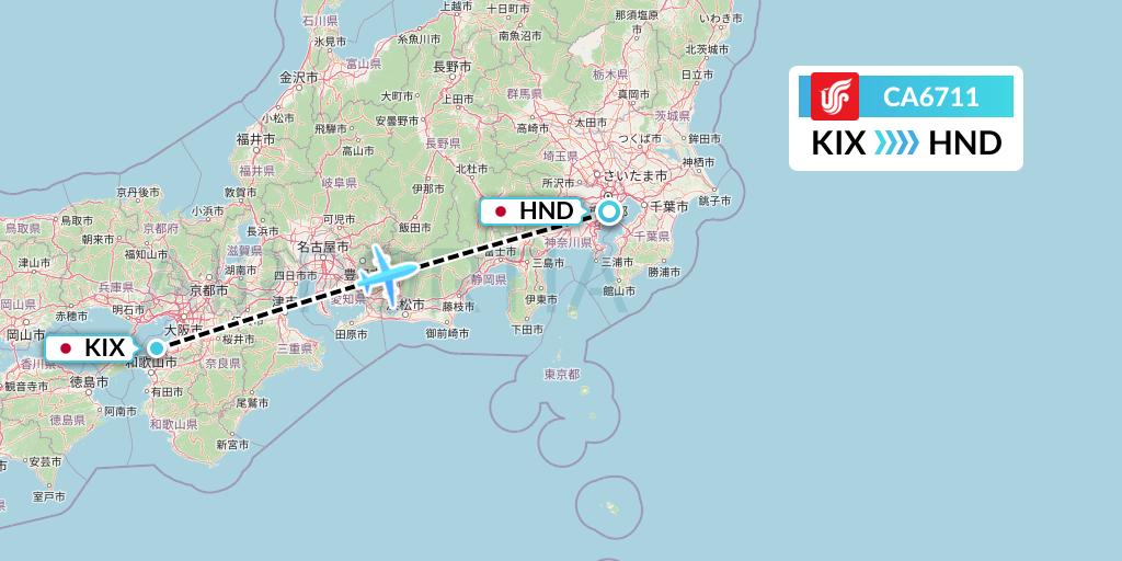 CA6711 Air China Flight Map: Osaka to Tokyo