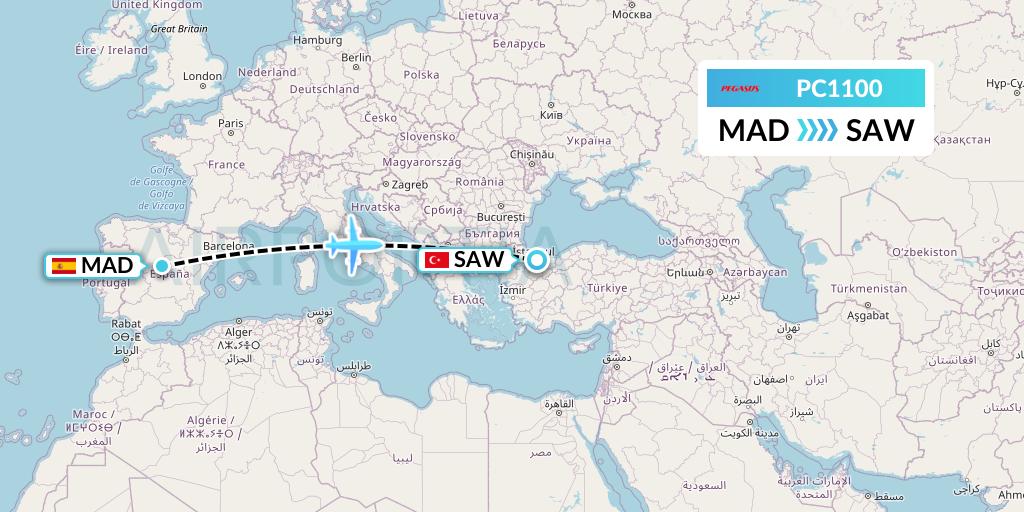 PC1100 Pegasus Airlines Flight Map: Madrid to Istanbul