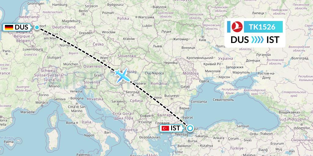 TK1526 Turkish Airlines Flight Map: Dusseldorf to Istanbul
