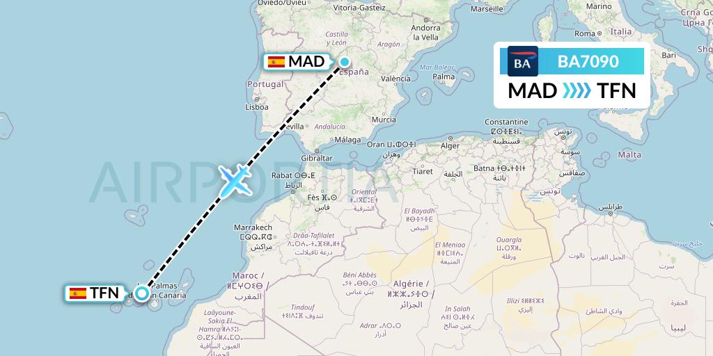 BA7090 British Airways Flight Map: Madrid to Tenerife
