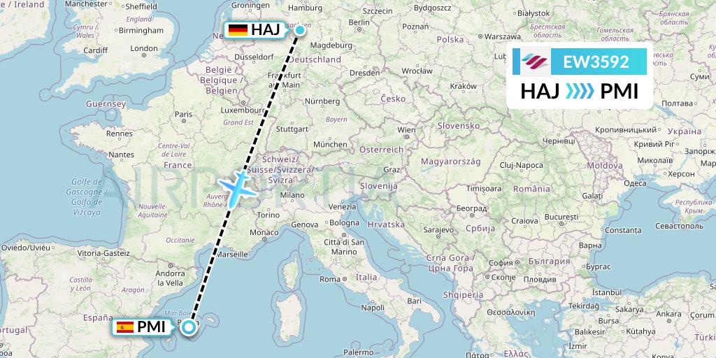EW3592 Eurowings Flight Map: Hannover to Palma de Mallorca