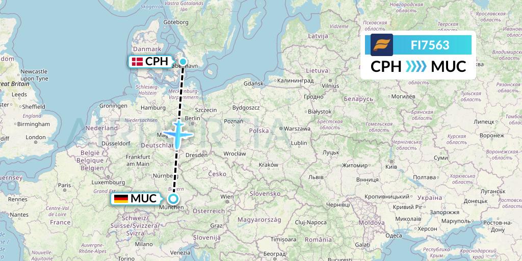FI7563 Icelandair Flight Map: Copenhagen to Munich