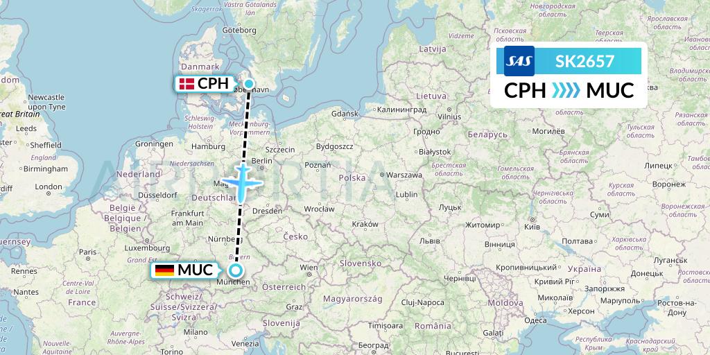 SK2657 SAS Flight Map: Copenhagen to Munich