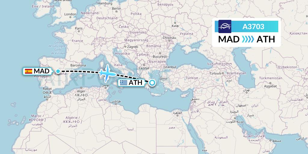 A3703 Aegean Airlines Flight Map: Madrid to Athens