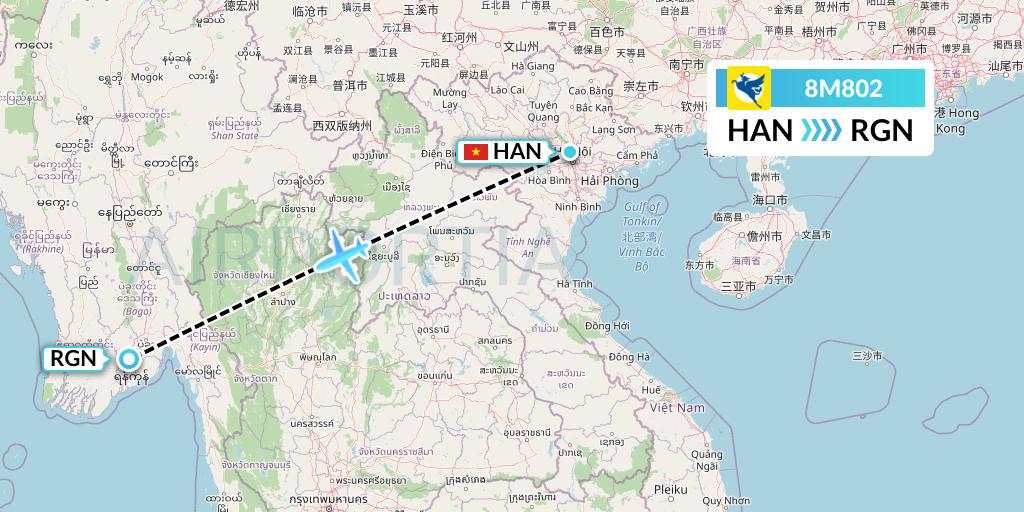 8M802 Myanmar Airways International Flight Map: Hanoi to Yangon