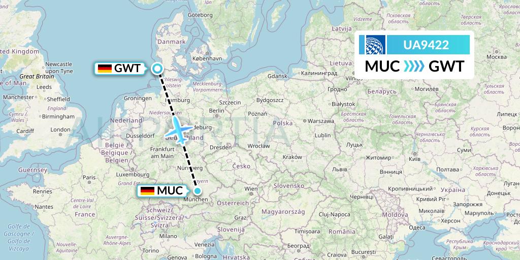 UA9422 United Airlines Flight Map: Munich to Sylt