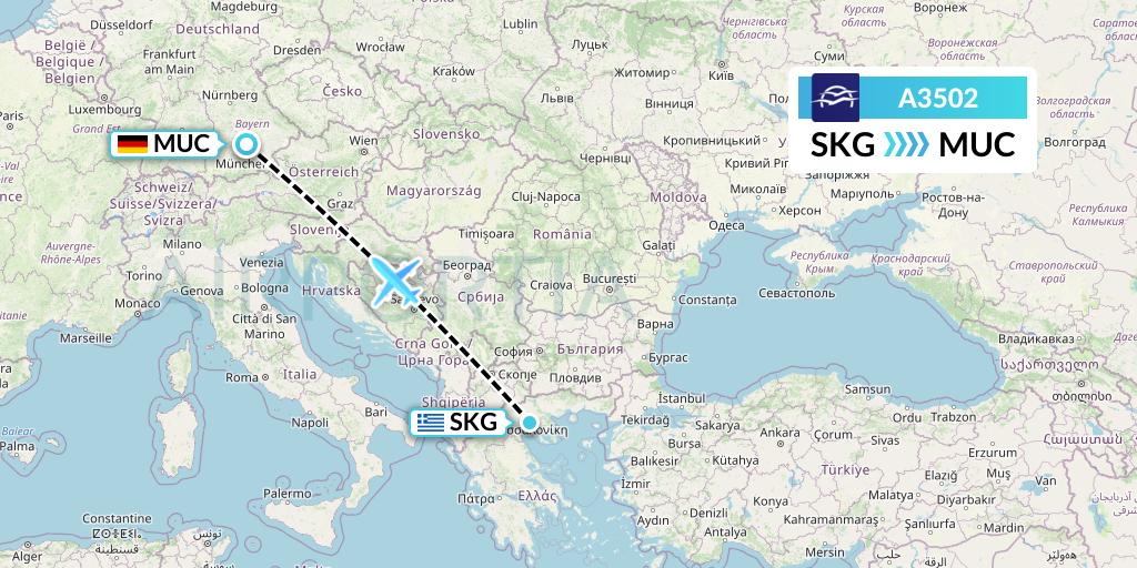 A3502 Aegean Airlines Flight Map: Thessaloniki to Munich