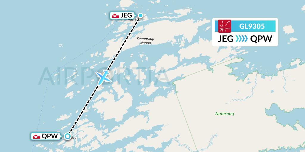 GL9305 Air Greenland Flight Map: Aasiaat to Kangaatsiaq