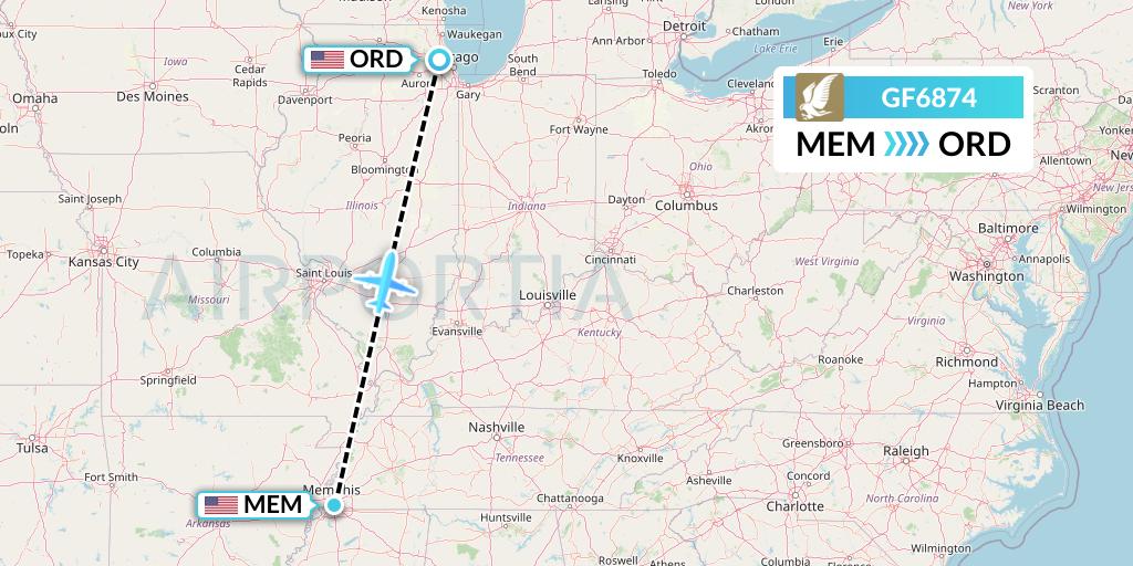 GF6874 Gulf Air Flight Map: Memphis to Chicago
