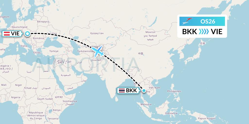 OS26 Austrian Airlines Flight Map: Bangkok to Vienna