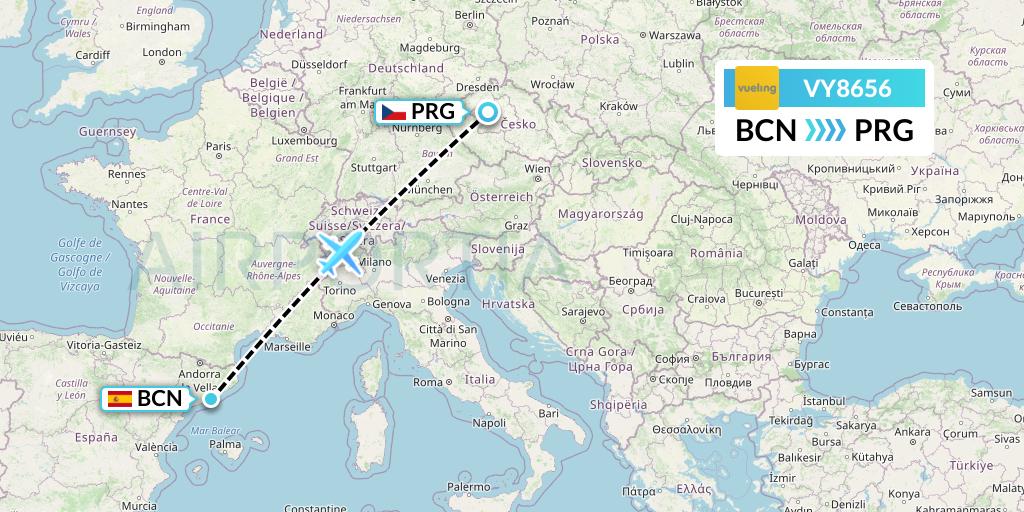 VY8656 Vueling Flight Map: Barcelona to Prague
