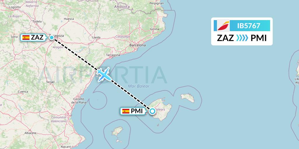 IB5767 Iberia Flight Map: Zaragoza to Palma de Mallorca