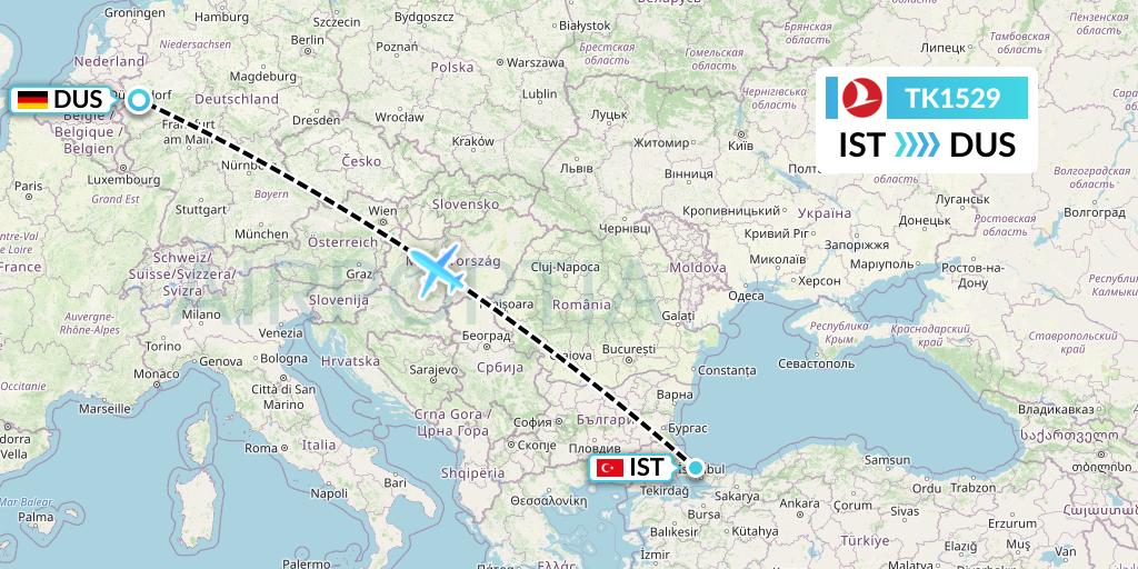 TK1529 Turkish Airlines Flight Map: Istanbul to Dusseldorf