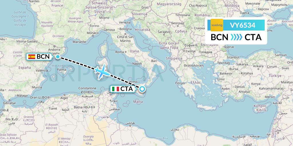 VY6534 Vueling Flight Map: Barcelona to Catania
