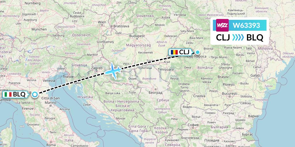 W63393 Wizz Air Flight Map: Cluj-Napoca to Bologna
