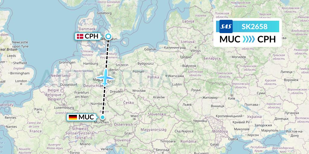 SK2658 SAS Flight Map: Munich to Copenhagen