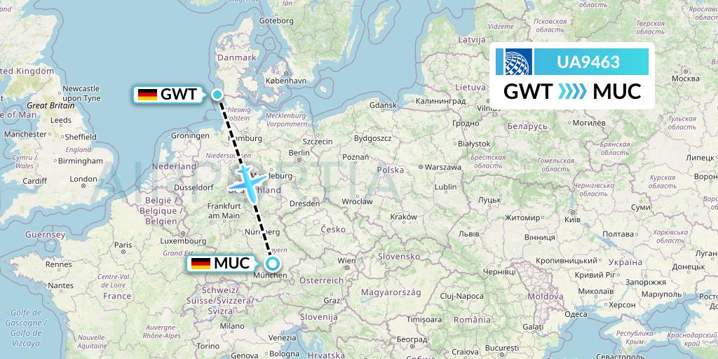 UA9463 United Airlines Flight Map: Sylt to Munich