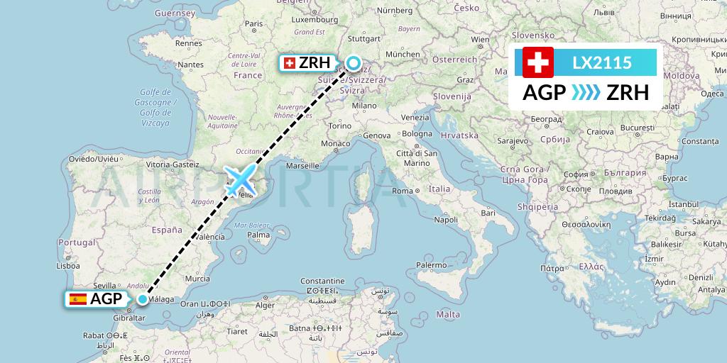 LX2115 Swiss Flight Map: Malaga to Zurich