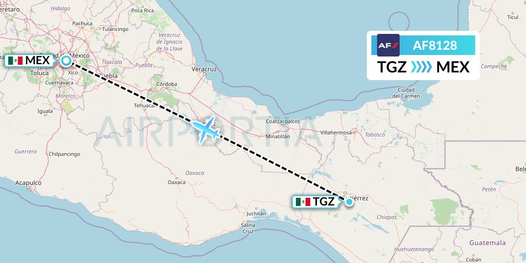 AF8128 Air France Flight Map: Tuxtla Gutierrez to Mexico City