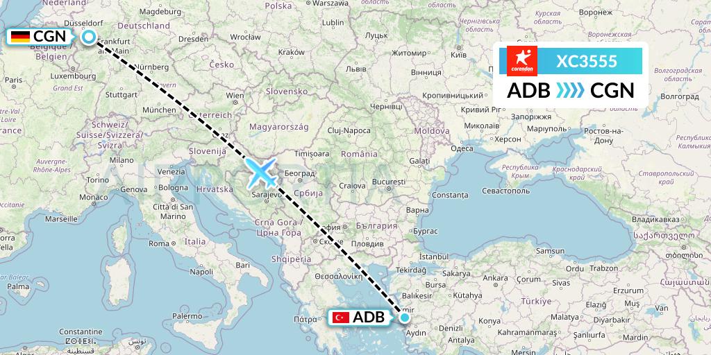 XC3555 Corendon Airlines Flight Map: Izmir to Cologne