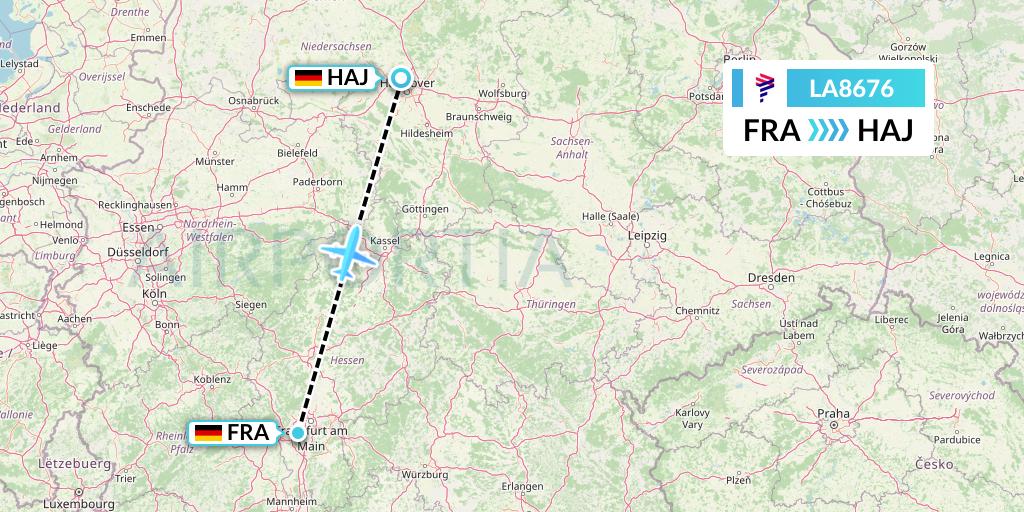 LA8676 LAN Airlines Flight Map: Frankfurt to Hannover