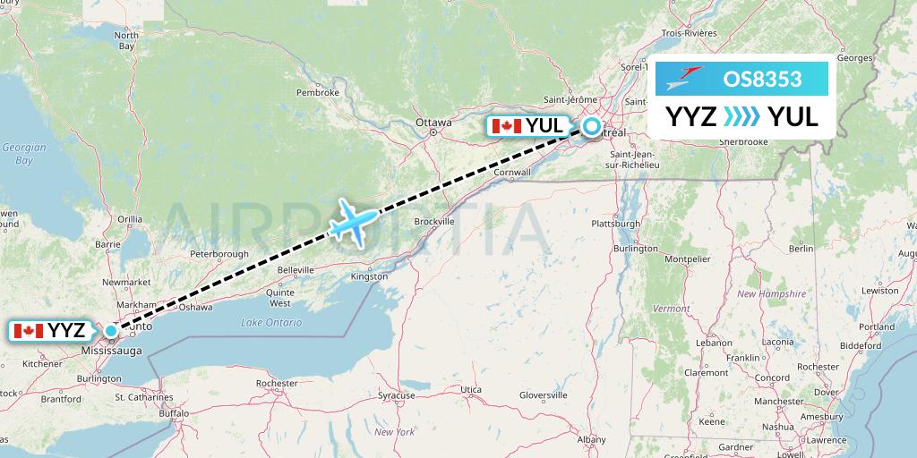 OS8353 Austrian Airlines Flight Map: Toronto to Montreal