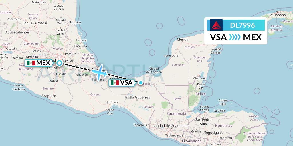 DL7996 Delta Air Lines Flight Map: Villahermosa to Mexico City