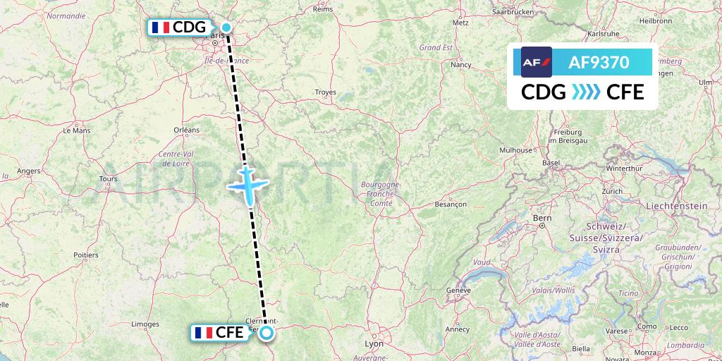 AF9370 Air France Flight Map: Paris to Clermont-Ferrand