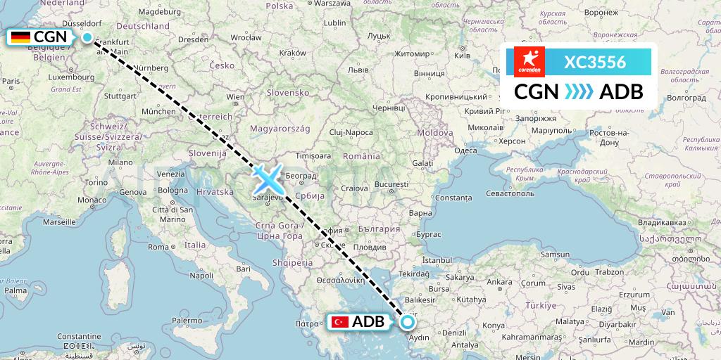 XC3556 Corendon Airlines Flight Map: Cologne to Izmir