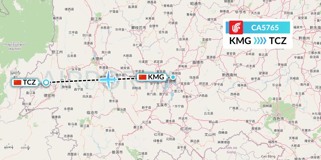CA5765 Air China Flight Map: Kunming to Tengchong
