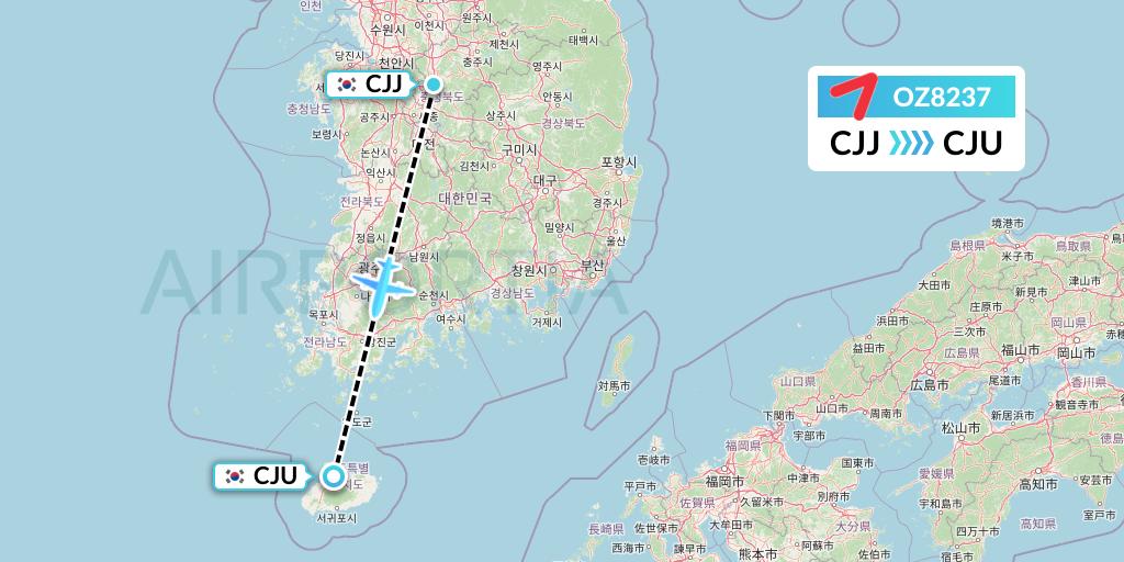 OZ8237 Asiana Airlines Flight Map: Cheongju to Jeju